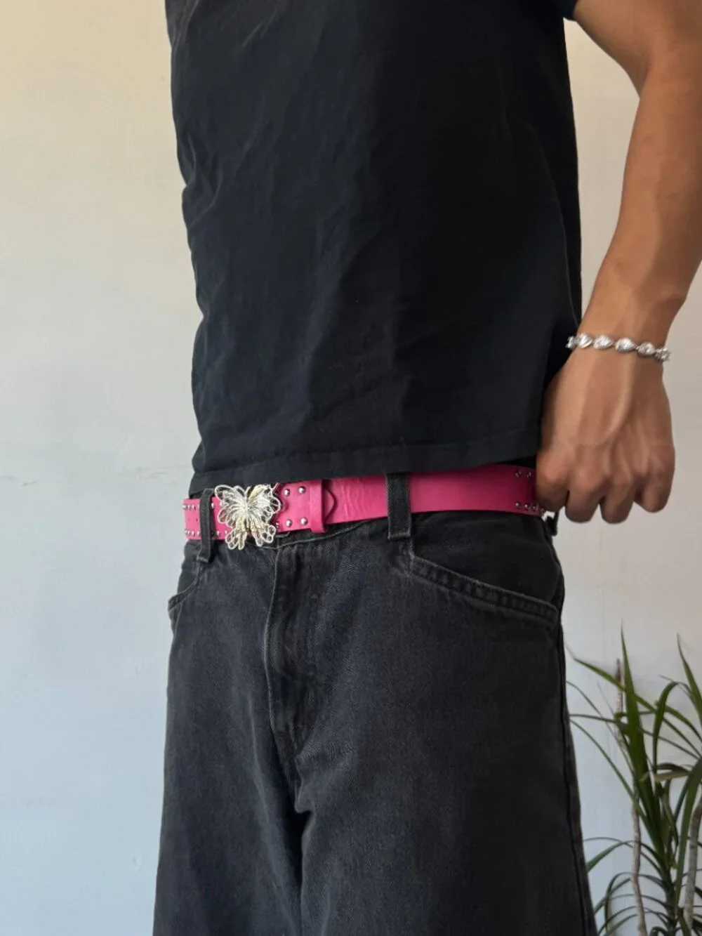 Hot Pink Rhinestone Butterfly Buckle Belt